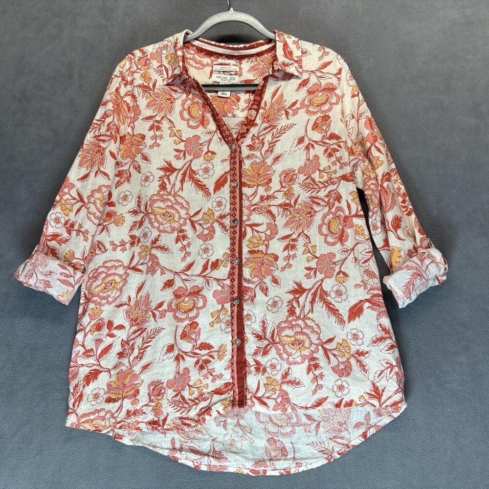 Rachel Zoe Size Large 100% Linen Floral Button Front Blouse Roll Tab Lagenlook - Picture 4 of 8